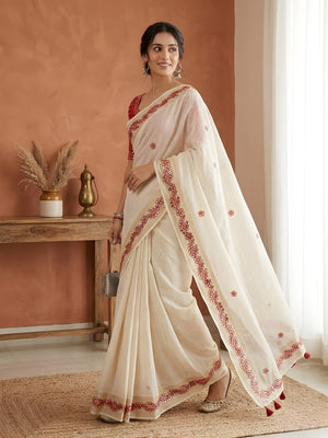 Peachmode Cream Gota Patti Work Tussar Silk Saree - Image 2