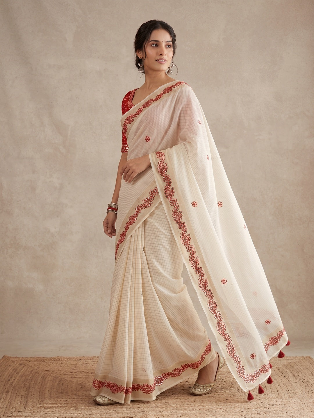 Peachmode Cream Gota Patti Work Tussar Silk Saree - Image 5