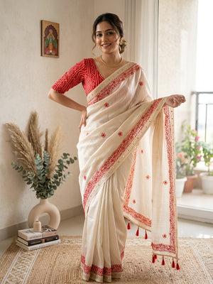 Peachmode Cream Gota Patti Work Tussar Silk Saree - Image 1
