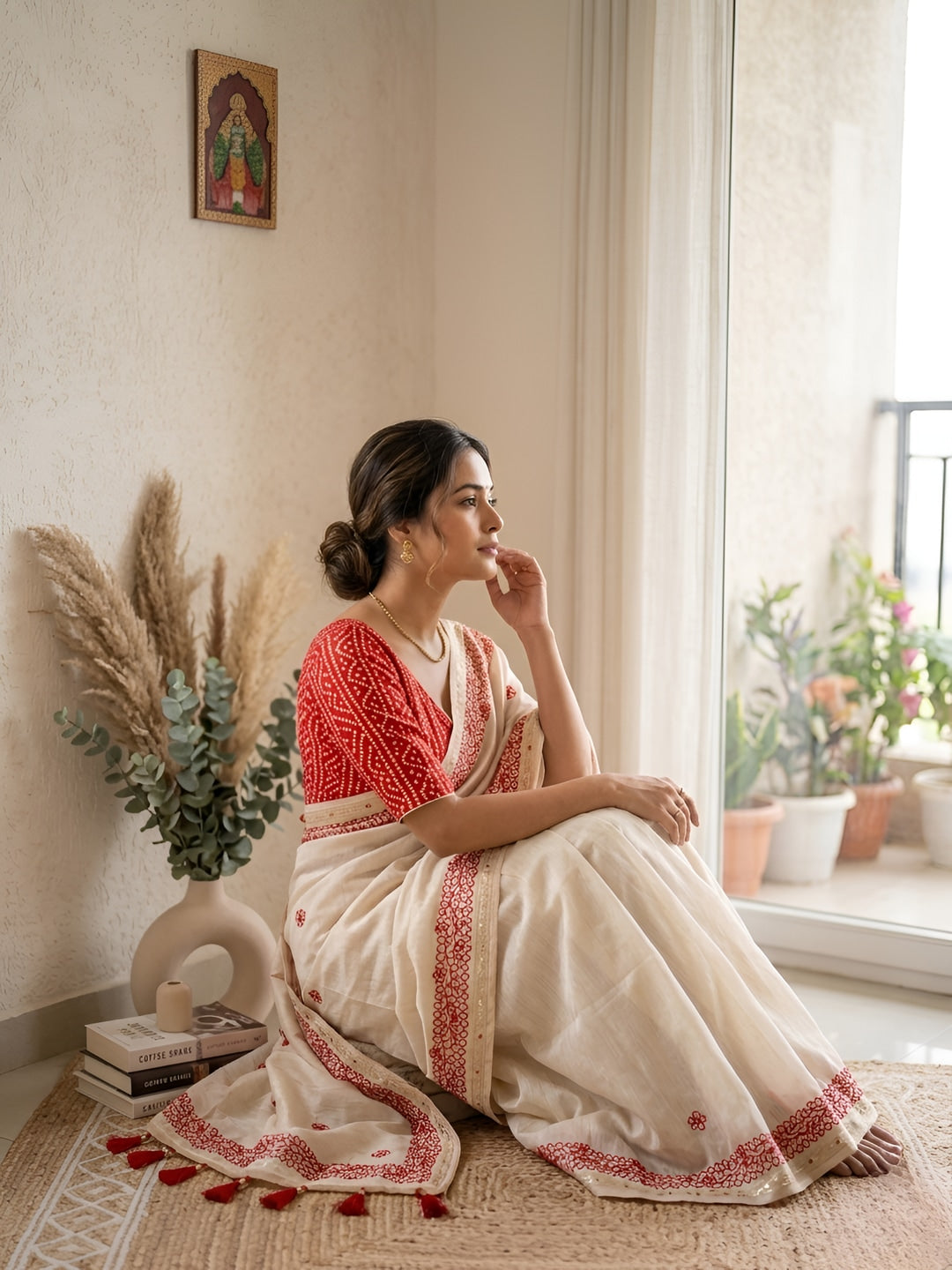 Peachmode Cream Gota Patti Work Tussar Silk Saree - Image 2