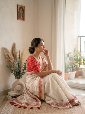 Peachmode Cream Gota Patti Work Tussar Silk Saree - Image 2
