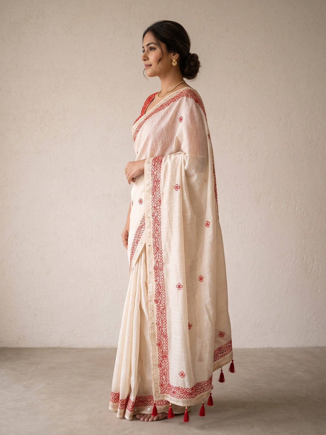Peachmode Cream Gota Patti Work Tussar Silk Saree - Image 5
