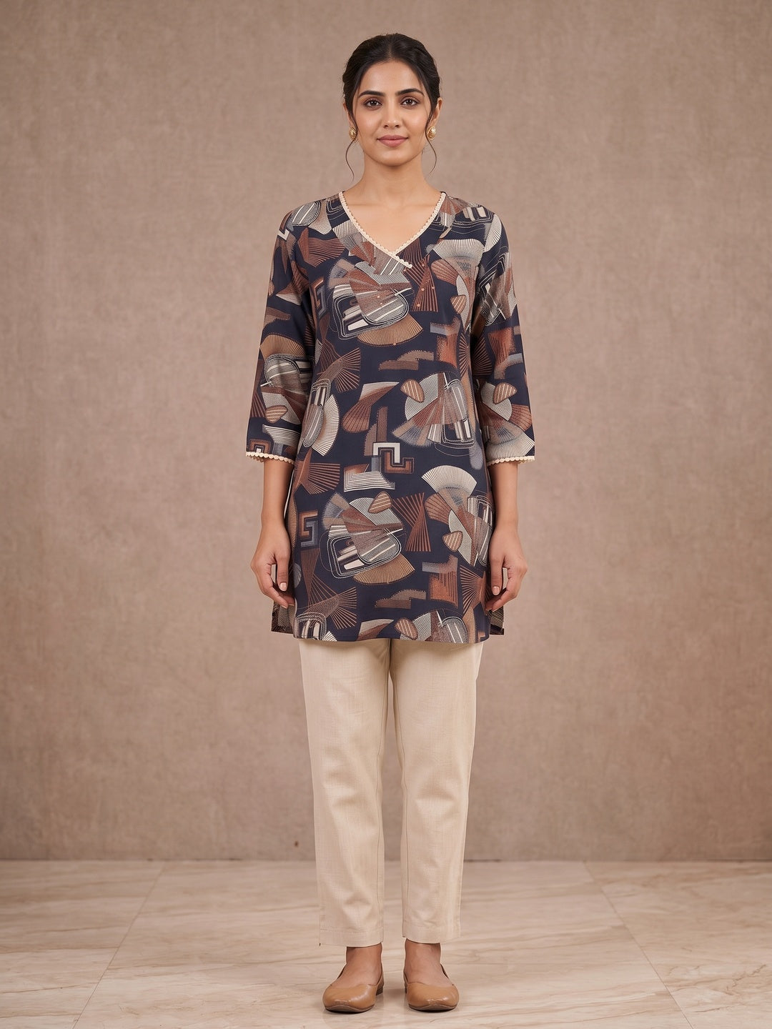 Navy Blue Rayon Abstract Printed Embellished A-Line Top - Image 2