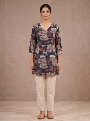 Navy Blue Rayon Abstract Printed Embellished A-Line Top - Image 2