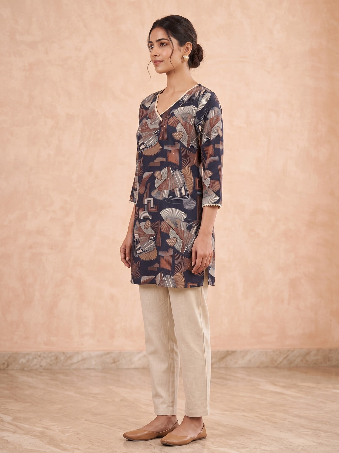 Navy Blue Rayon Abstract Printed Embellished A-Line Top - Image 3