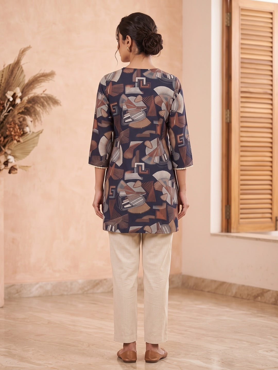 Navy Blue Rayon Abstract Printed Embellished A-Line Top - Image 5