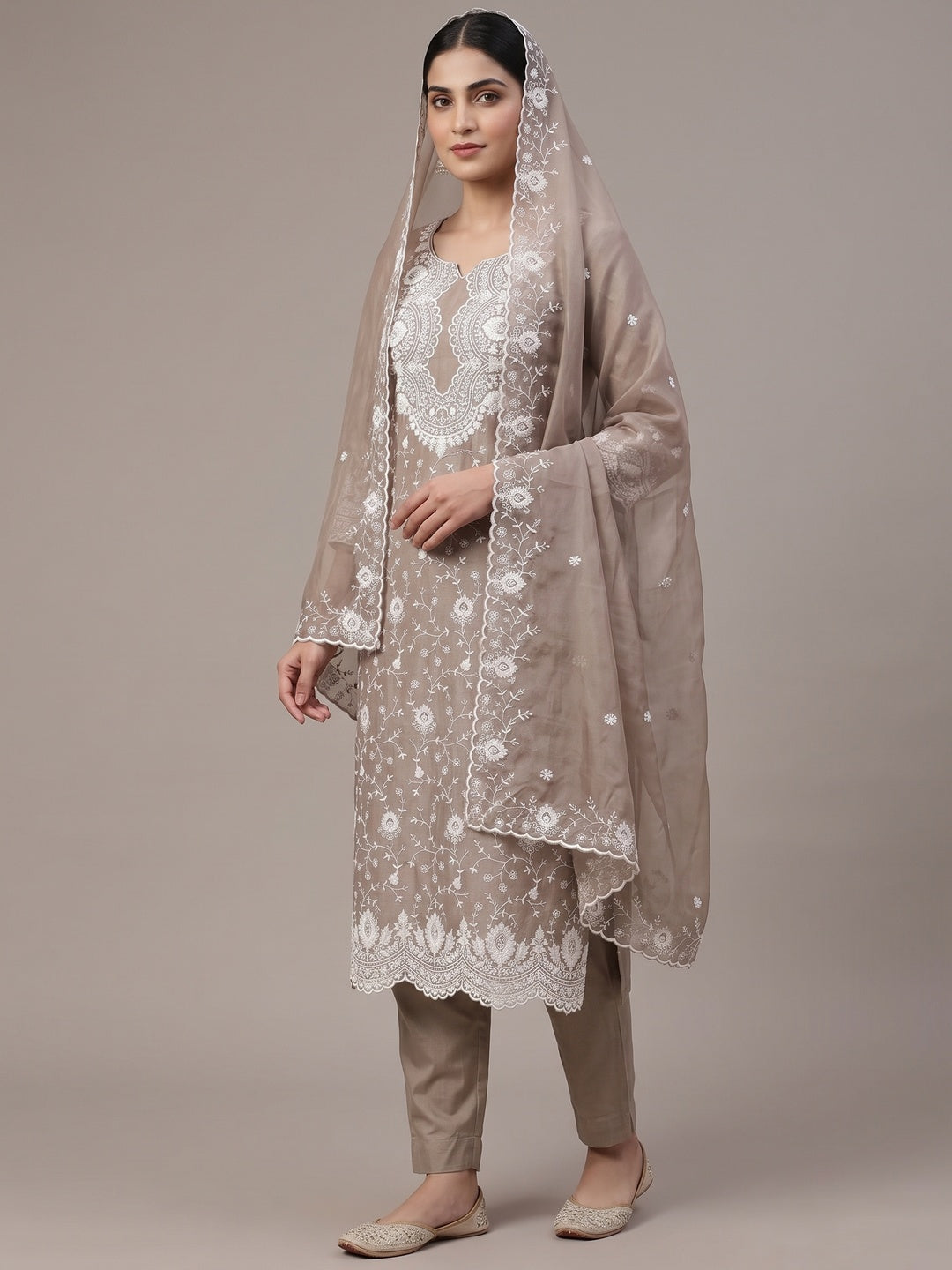 Peachmode Taupe Chanderi Dress Material with Floral Embroidery - Image 1