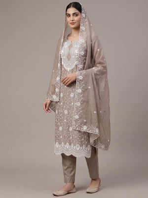 Peachmode Taupe Chanderi Dress Material with Floral Embroidery - Image 1