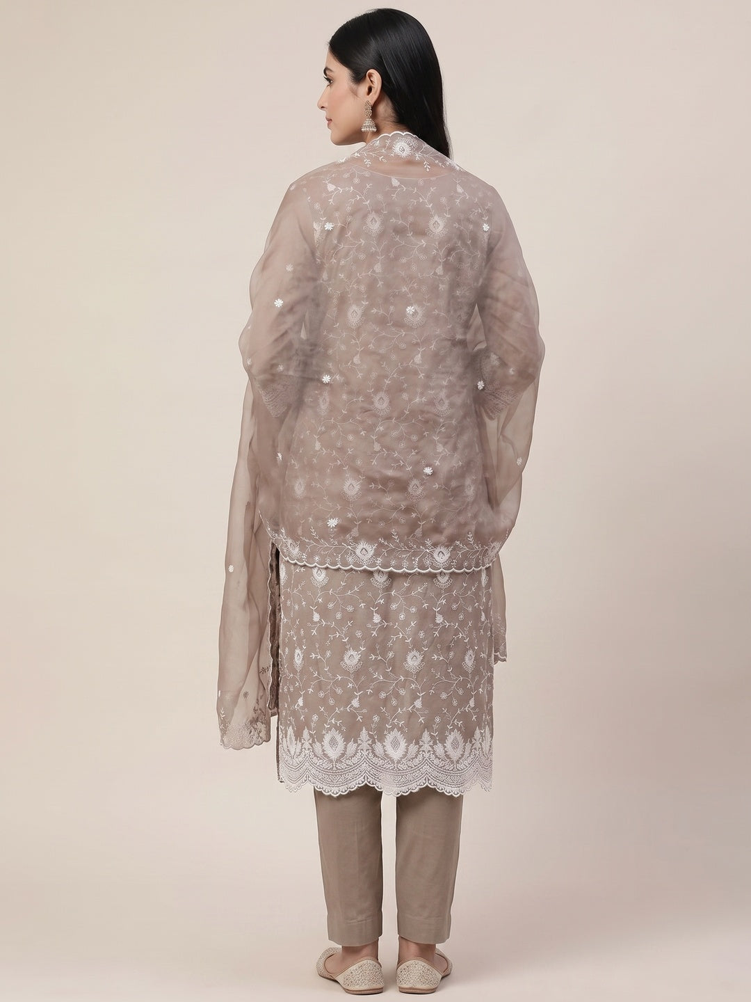 Peachmode Taupe Chanderi Dress Material with Floral Embroidery - Image 3