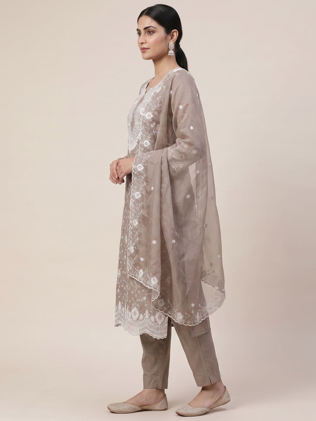 Peachmode Taupe Chanderi Dress Material with Floral Embroidery - Image 4