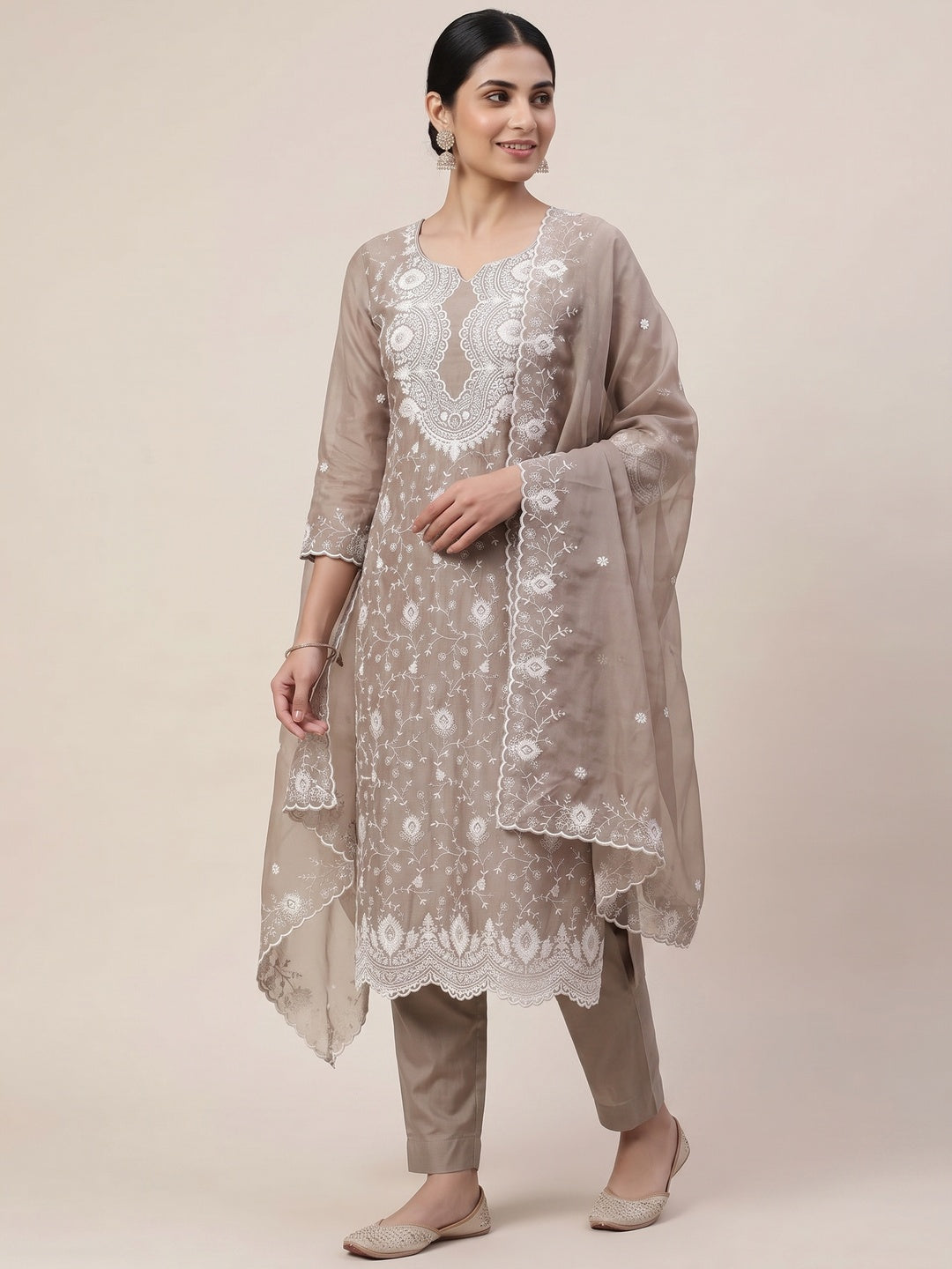 Peachmode Taupe Chanderi Dress Material with Floral Embroidery - Image 5