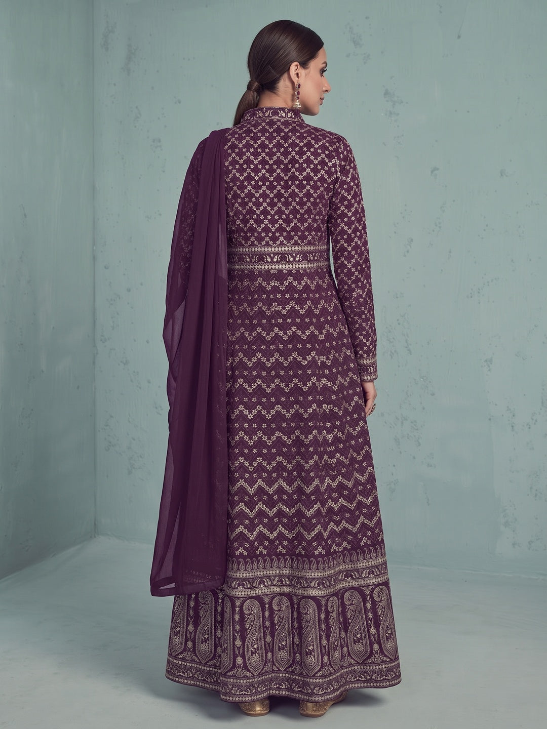 Purple Floral Embroidered Georgette Front Slit Suit - Image 2