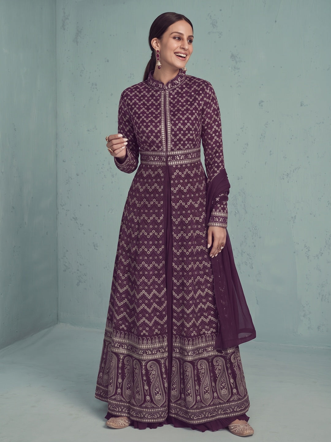 Purple Floral Embroidered Georgette Front Slit Suit - Image 4