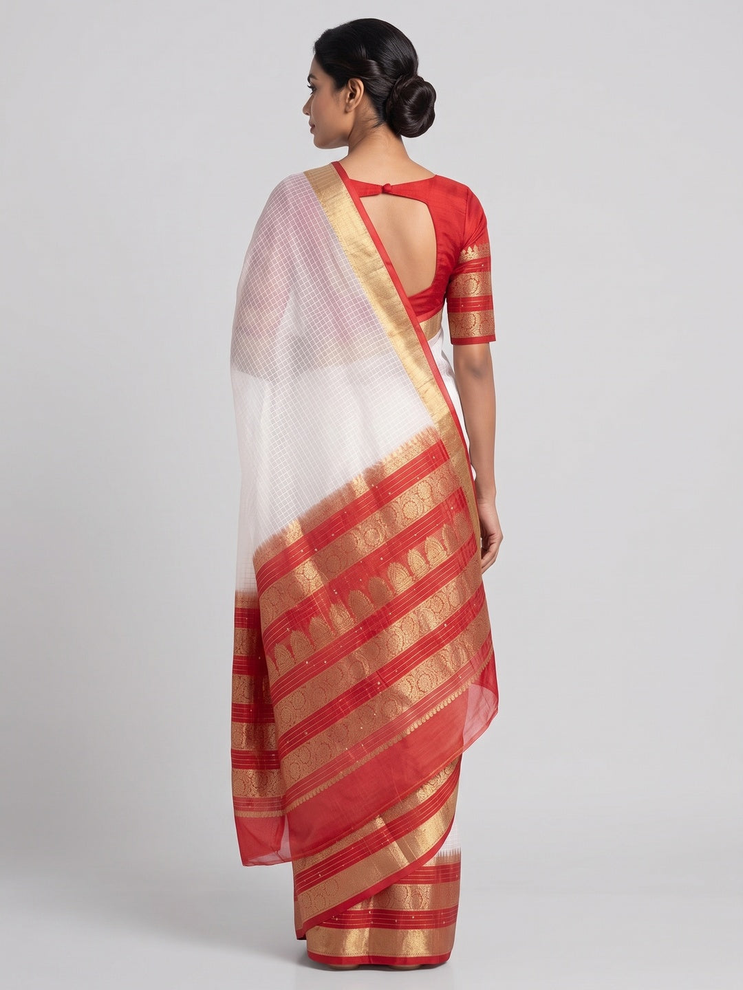 White & Red Kerala Checked Style Organza Saree - Image 2