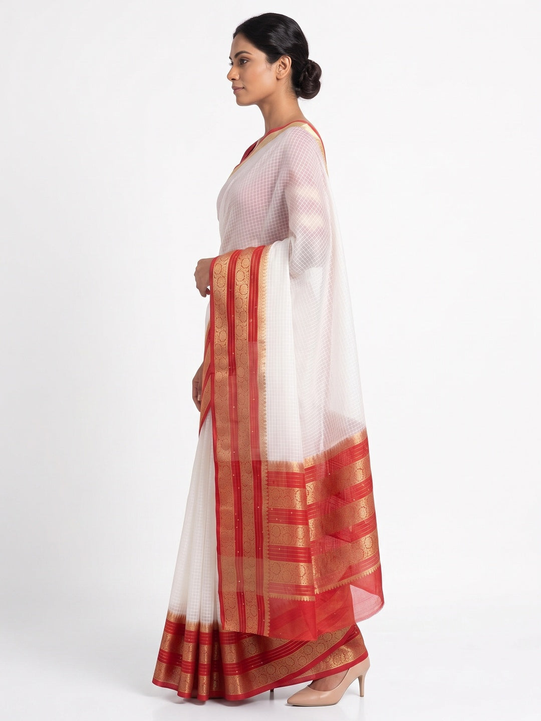 White & Red Kerala Checked Style Organza Saree - Image 3