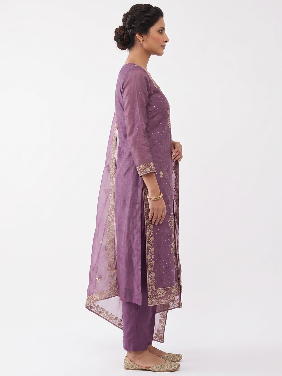 Sophisticated Purple Floral Embroidered Organza Dress Material With Fine Swarovski Accents - Image 5