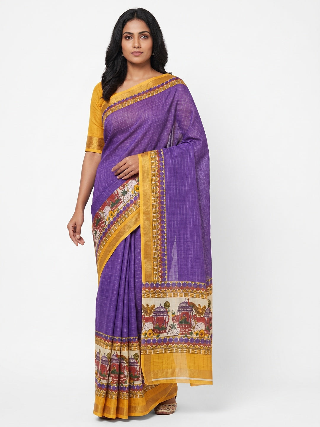 Purple Checks Zari Woven With Printed Linen Saree - Image 1