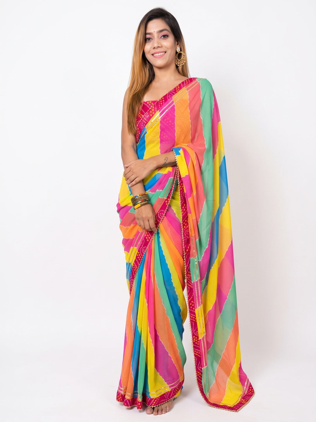 Multicolour Stripes Printed Georgette Saree - Image 1