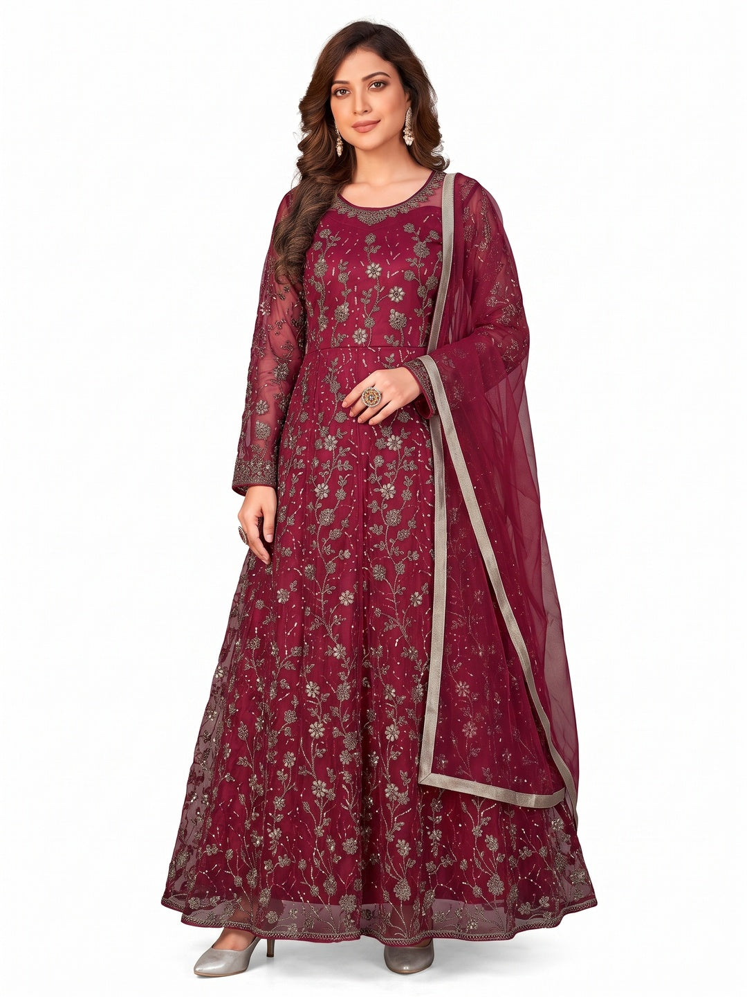 Pink Embroidered Net Semi Stitched Anarkali Style Suit - Image 1