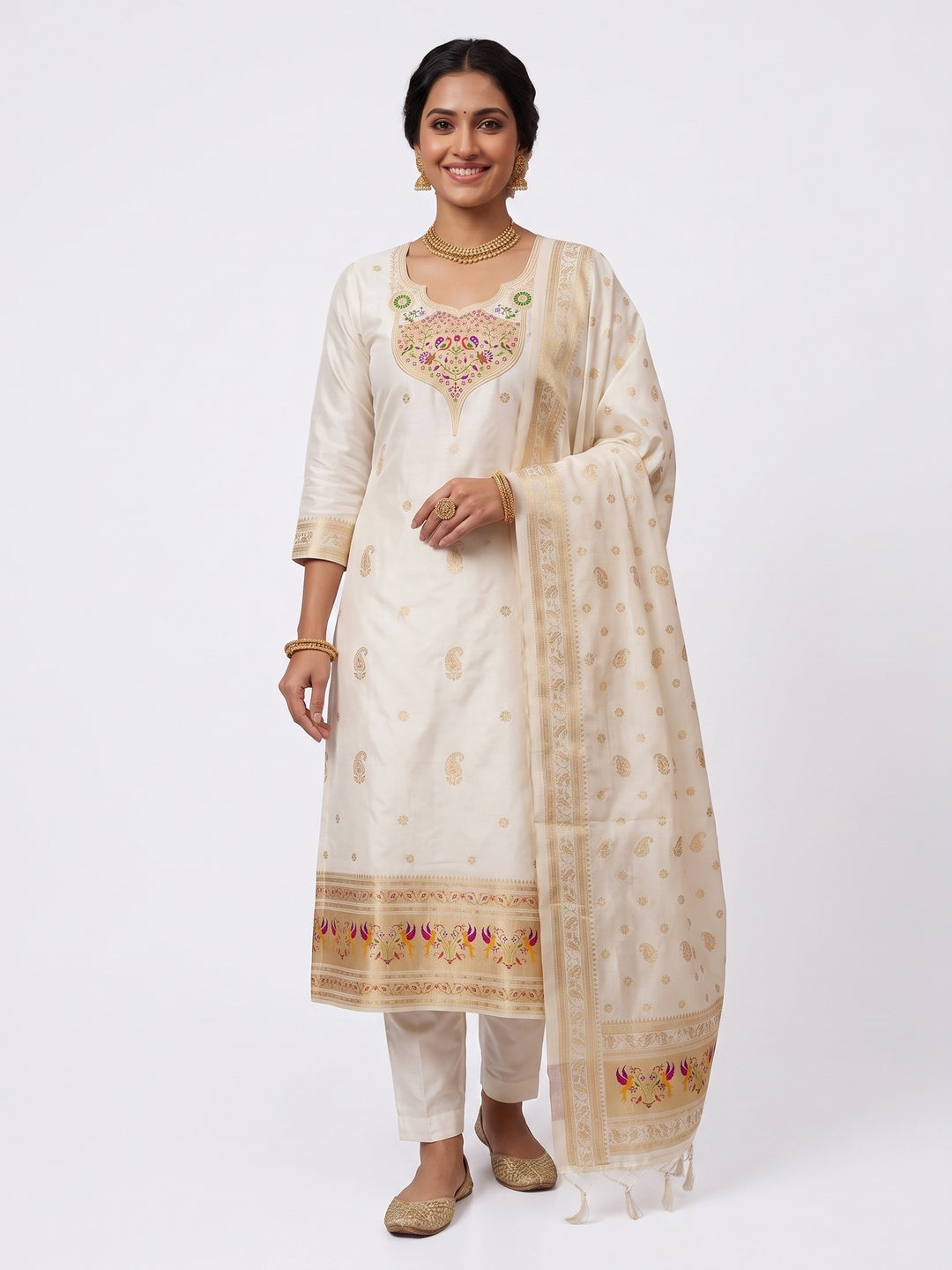 Elegant White Banarasi Silk Unstitched Dress Material with Dupatta - Image 1