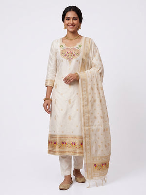 Elegant White Banarasi Silk Unstitched Dress Material with Dupatta - Image 2