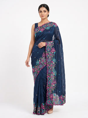 Blue Sheer Chiffon Saree with Artistic Floral Sequins Work - Image 1