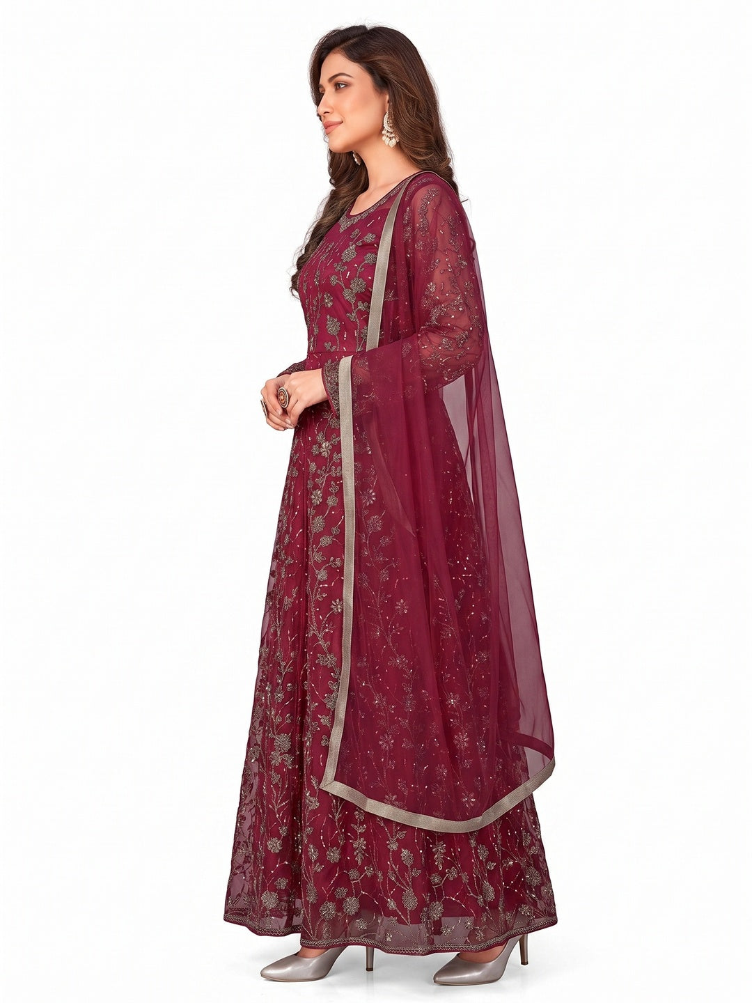 Pink Embroidered Net Semi Stitched Anarkali Style Suit - Image 3
