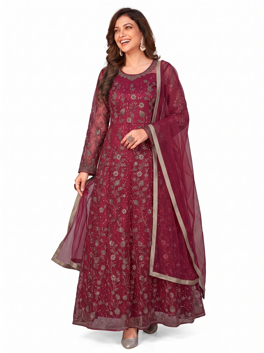 Pink Embroidered Net Semi Stitched Anarkali Style Suit - Image 4