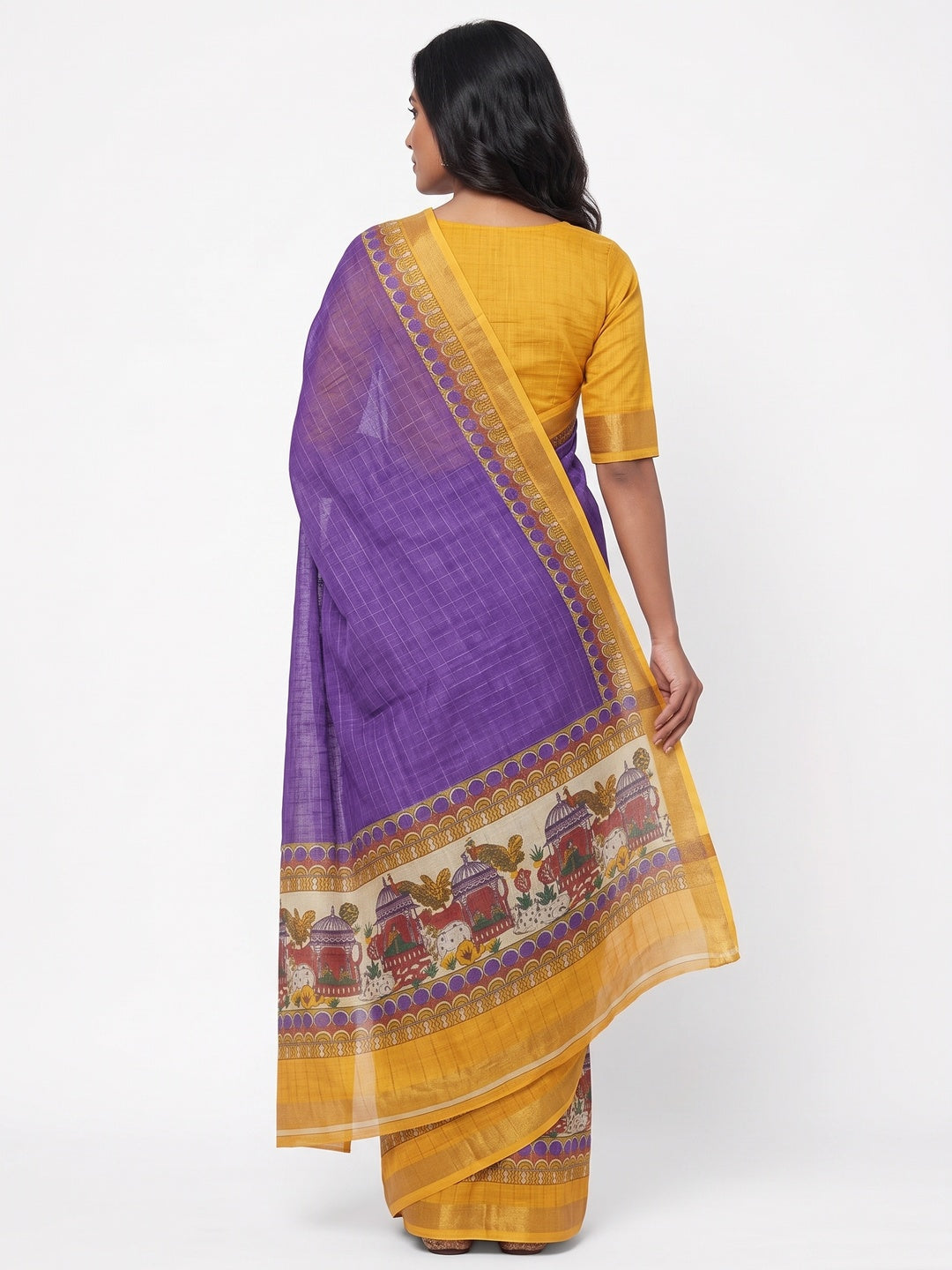 Purple Checks Zari Woven With Printed Linen Saree - Image 2