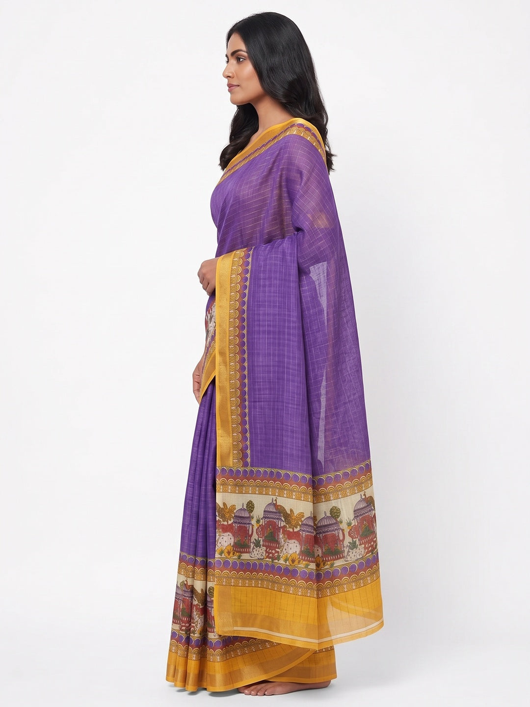 Purple Checks Zari Woven With Printed Linen Saree - Image 3