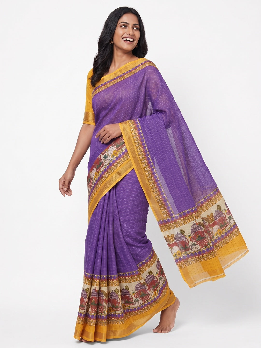Purple Checks Zari Woven With Printed Linen Saree - Image 4