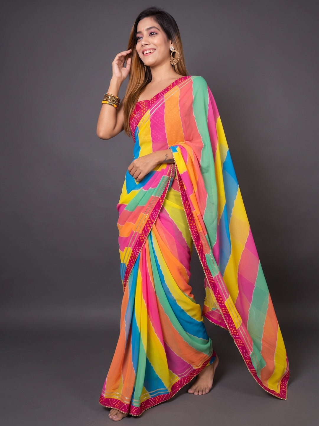 Multicolour Stripes Printed Georgette Saree - Image 4