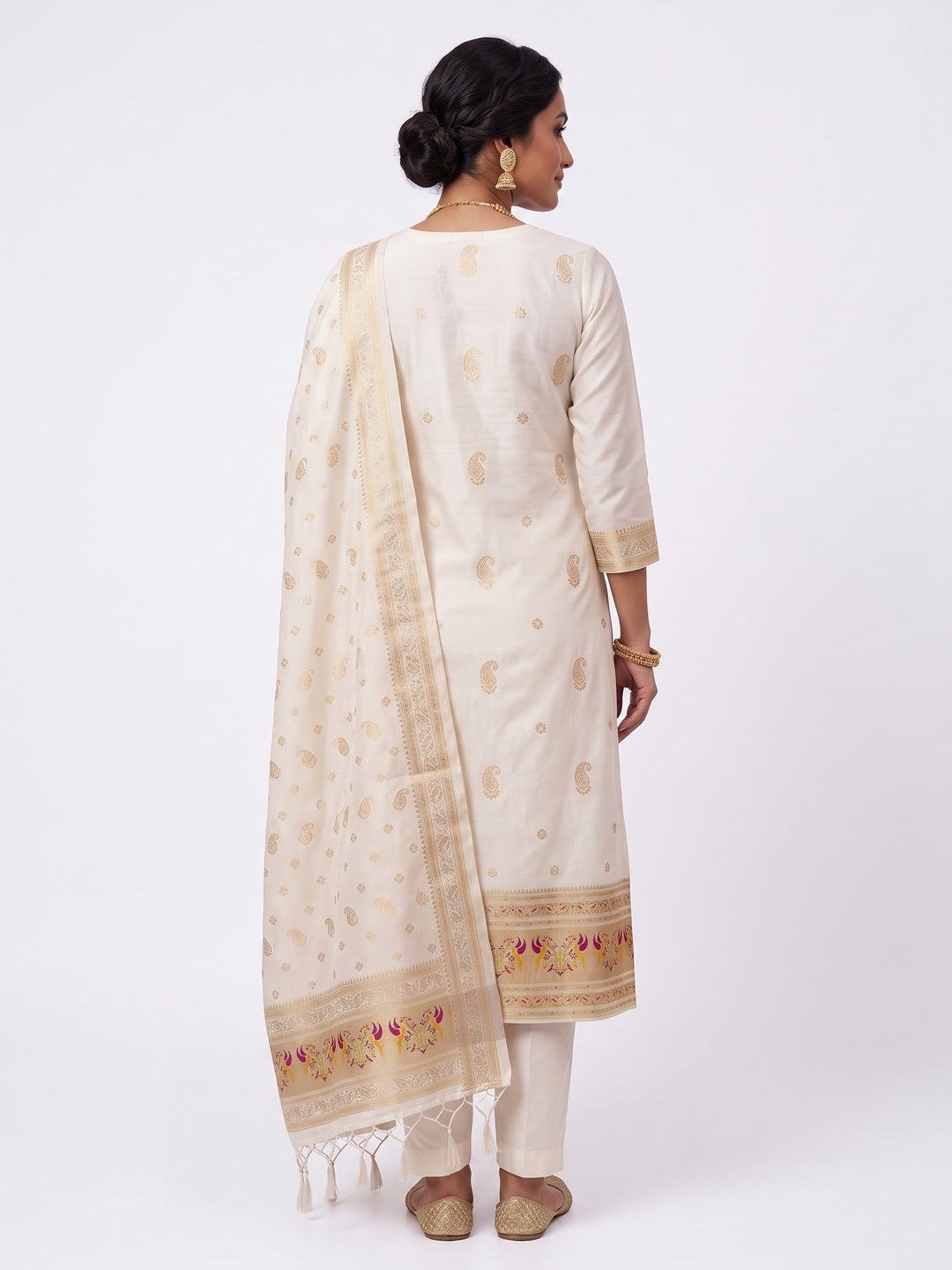 Elegant White Banarasi Silk Unstitched Dress Material with Dupatta - Image 3