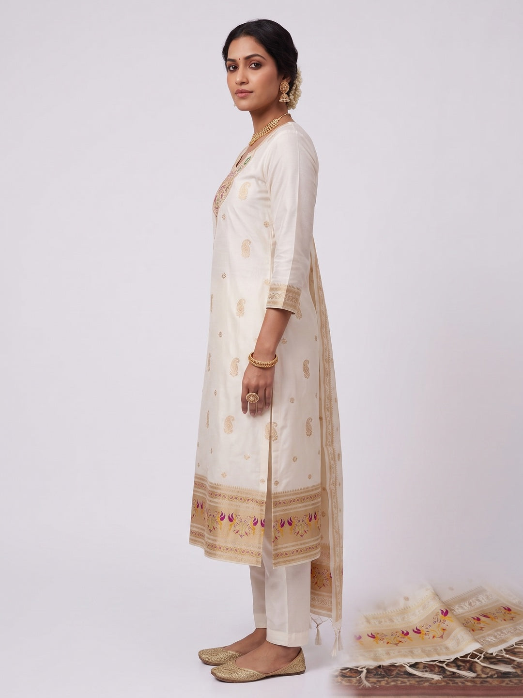 Elegant White Banarasi Silk Unstitched Dress Material with Dupatta - Image 4