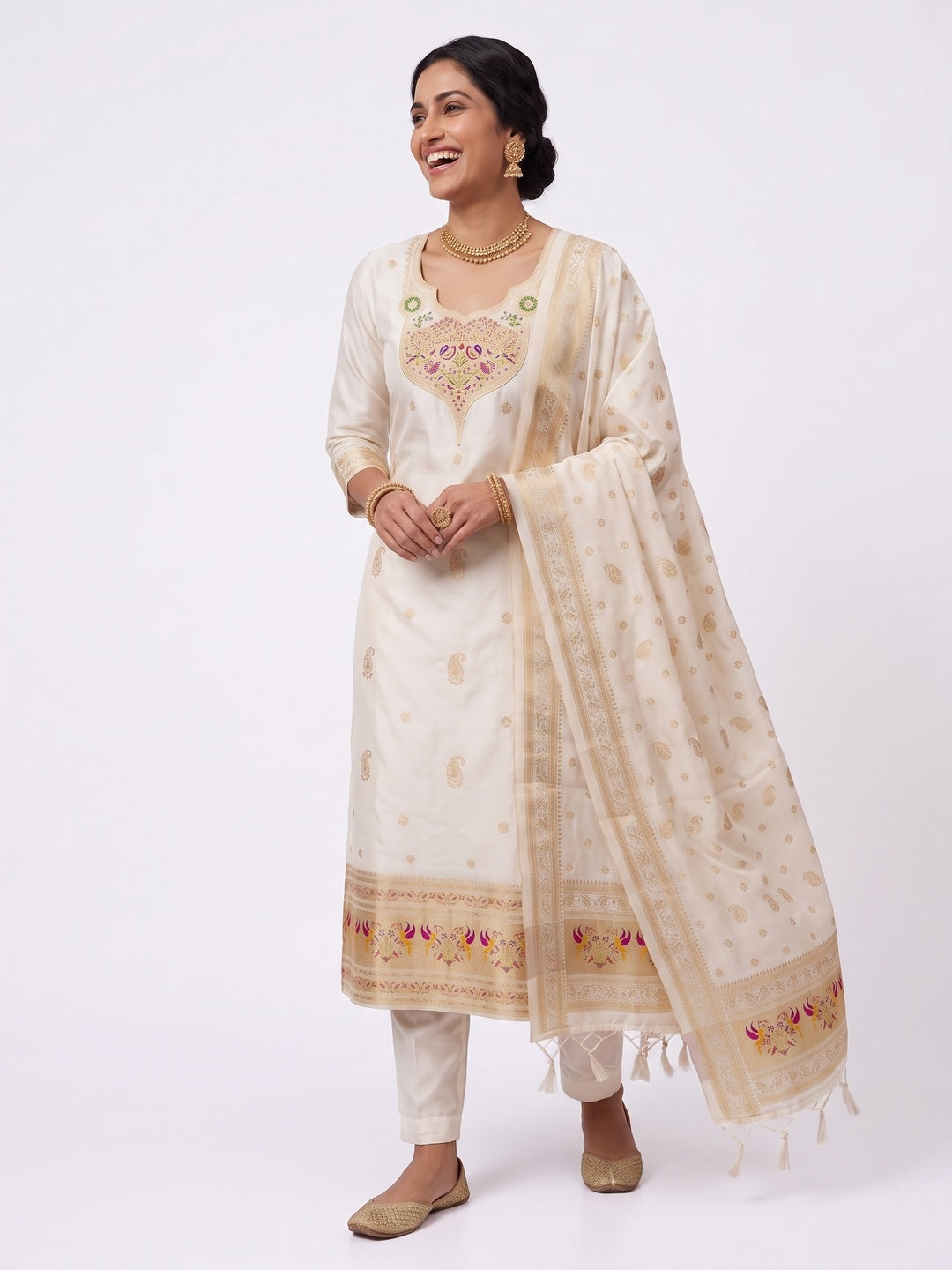 Elegant White Banarasi Silk Unstitched Dress Material with Dupatta - Image 5