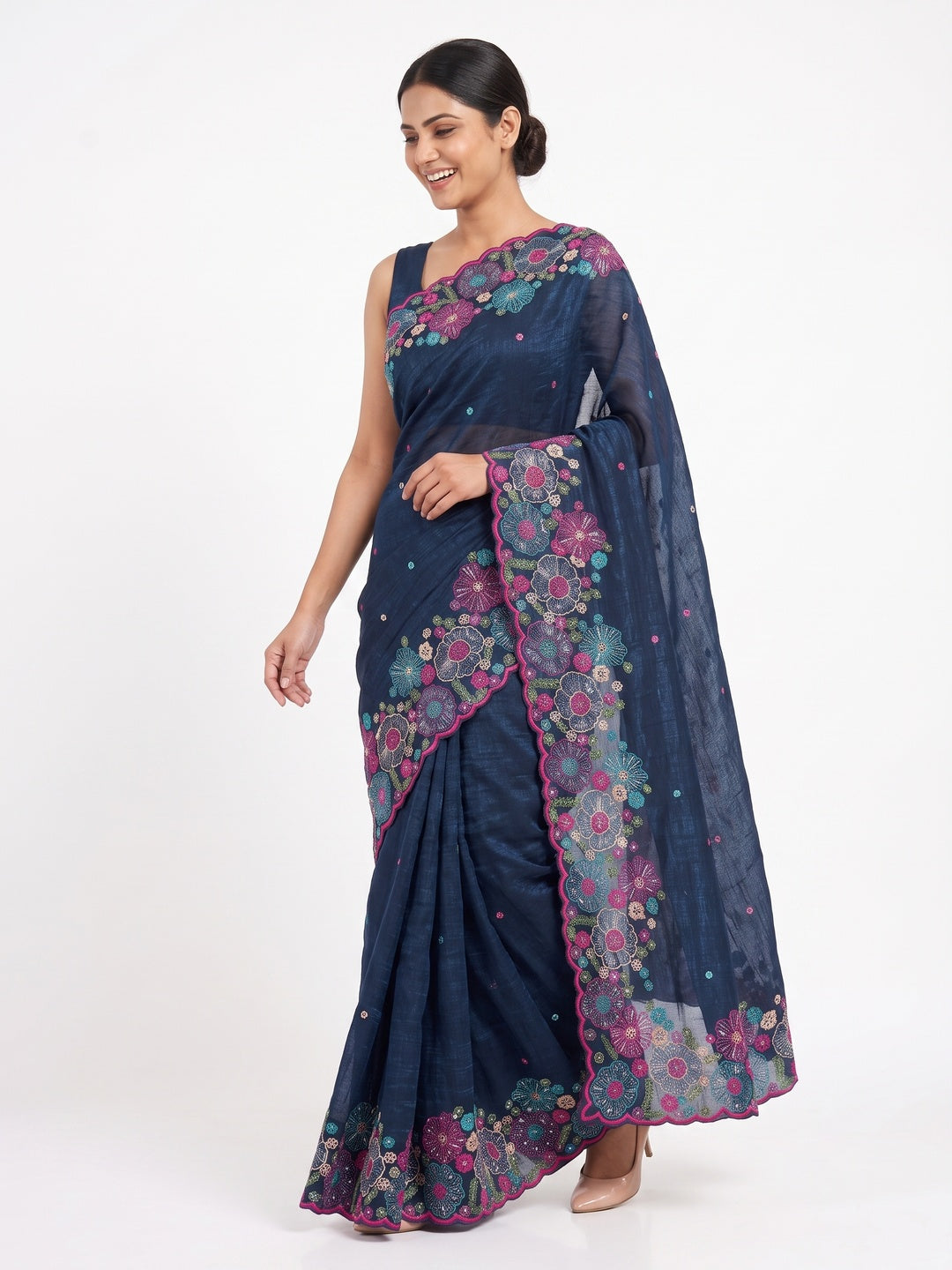 Blue Sheer Chiffon Saree with Artistic Floral Sequins Work - Image 4