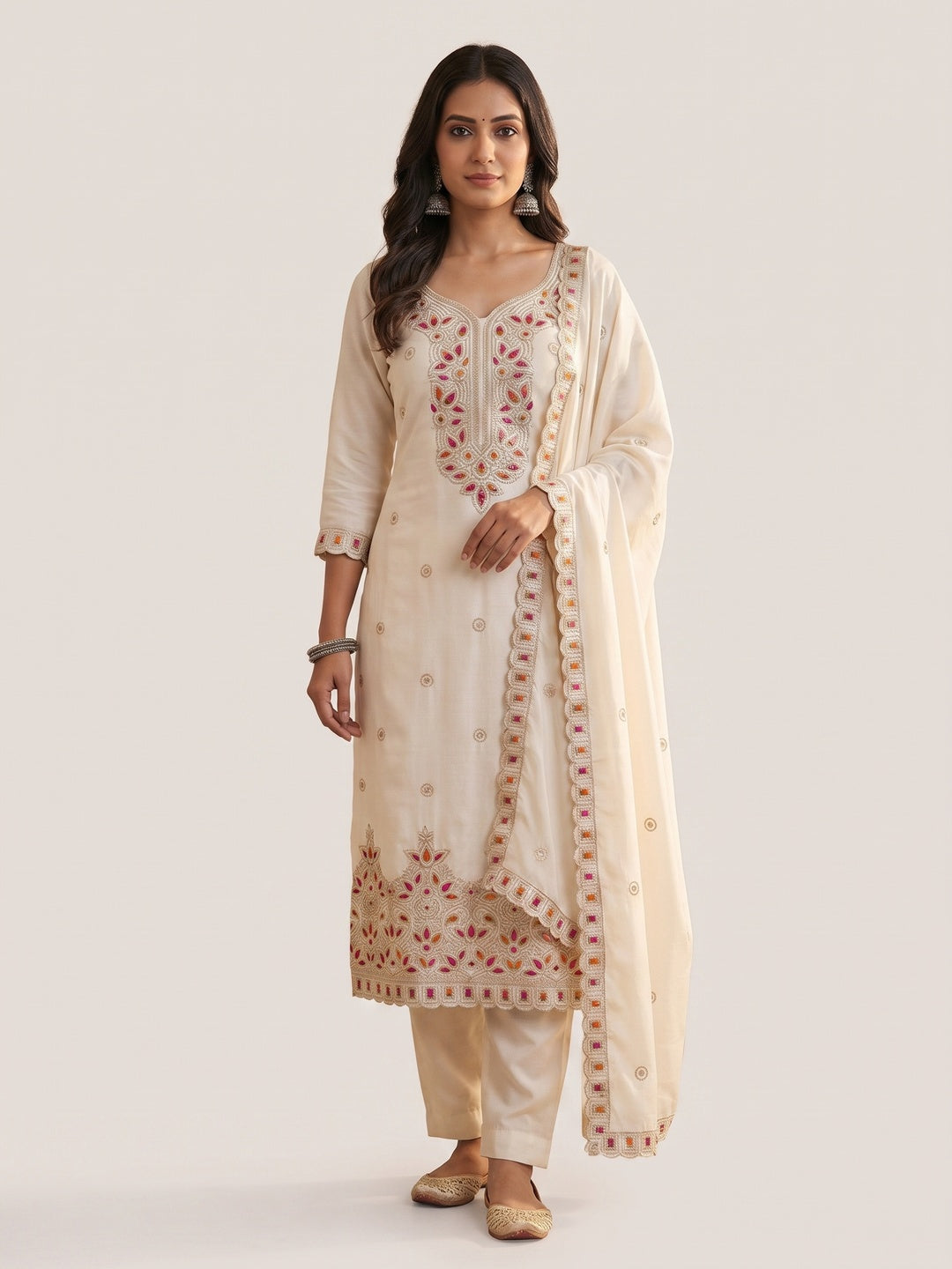 Off White Thread Embroidered Vichitra Silk Dress Material - Image 6