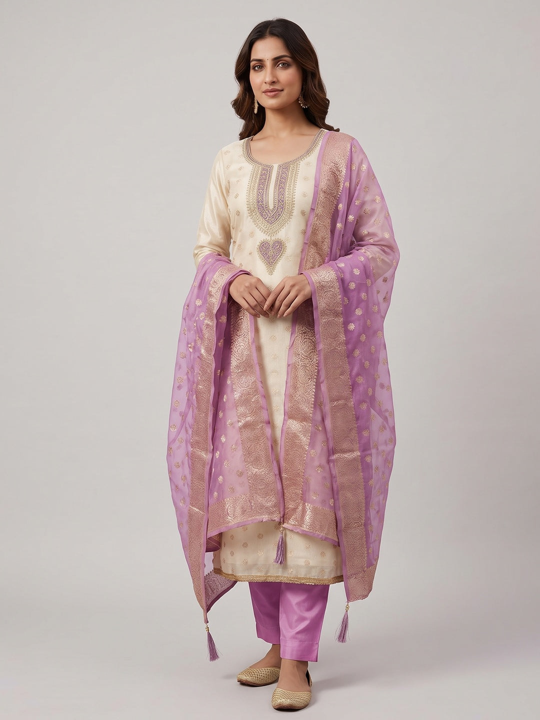 Cream & Lavender Butti Weaving Shimmer Dress Material With Elegant Cording Embroidery Work On Neck - Image 6