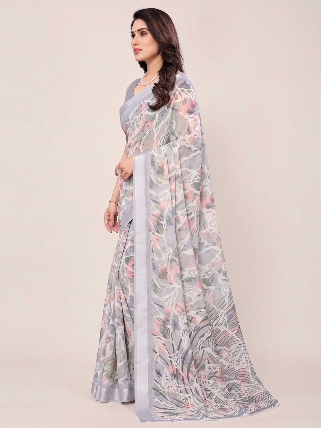 Grey Floral Printed Moss Art Silk Saree - Image 3