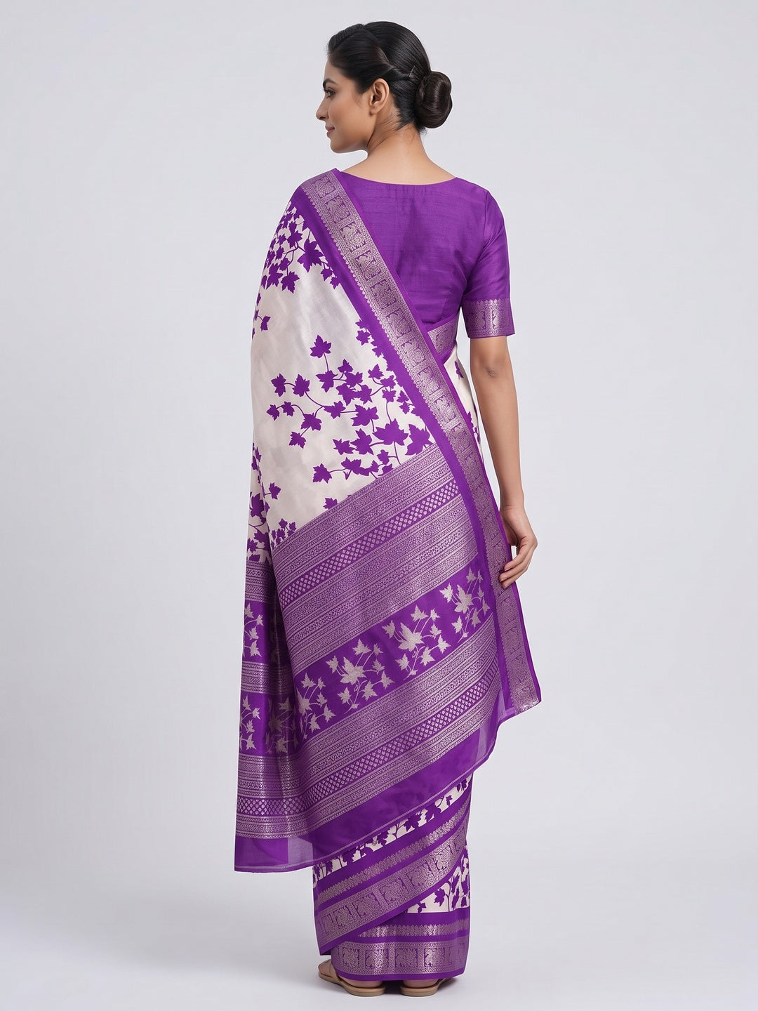 Purple & Offwhite Floral Printed Dola Silk Saree With Zari Border - Image 2