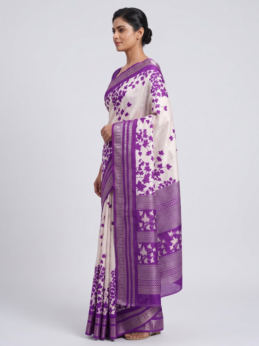 Purple & Offwhite Floral Printed Dola Silk Saree With Zari Border - Image 3