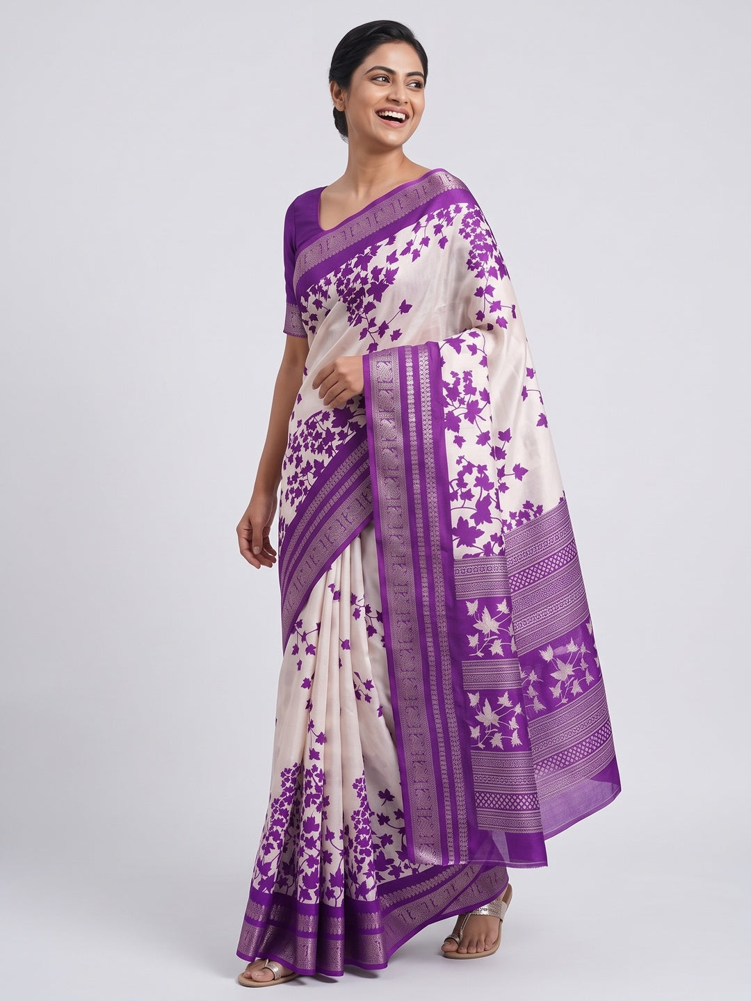 Purple & Offwhite Floral Printed Dola Silk Saree With Zari Border - Image 4