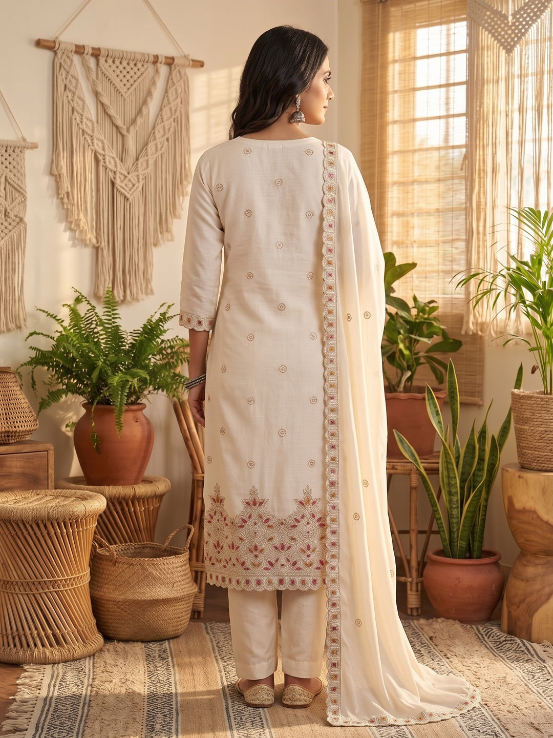 Off White Thread Embroidered Vichitra Silk Dress Material - Image 7