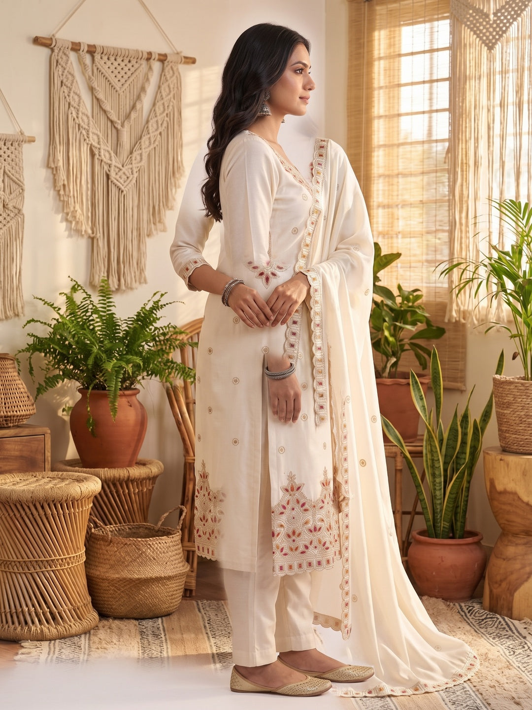 Off White Thread Embroidered Vichitra Silk Dress Material - Image 8