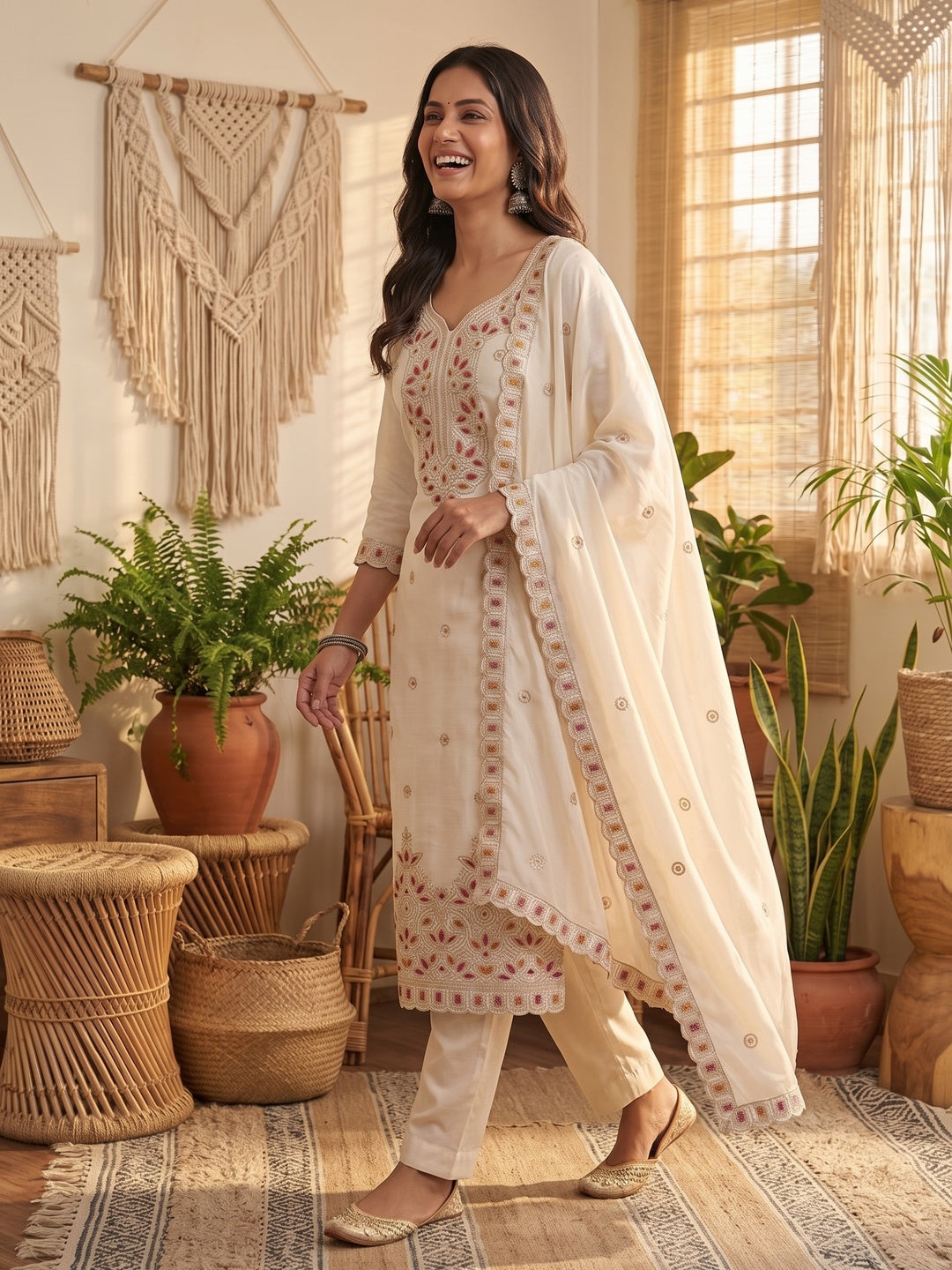 Off White Thread Embroidered Vichitra Silk Dress Material - Image 9