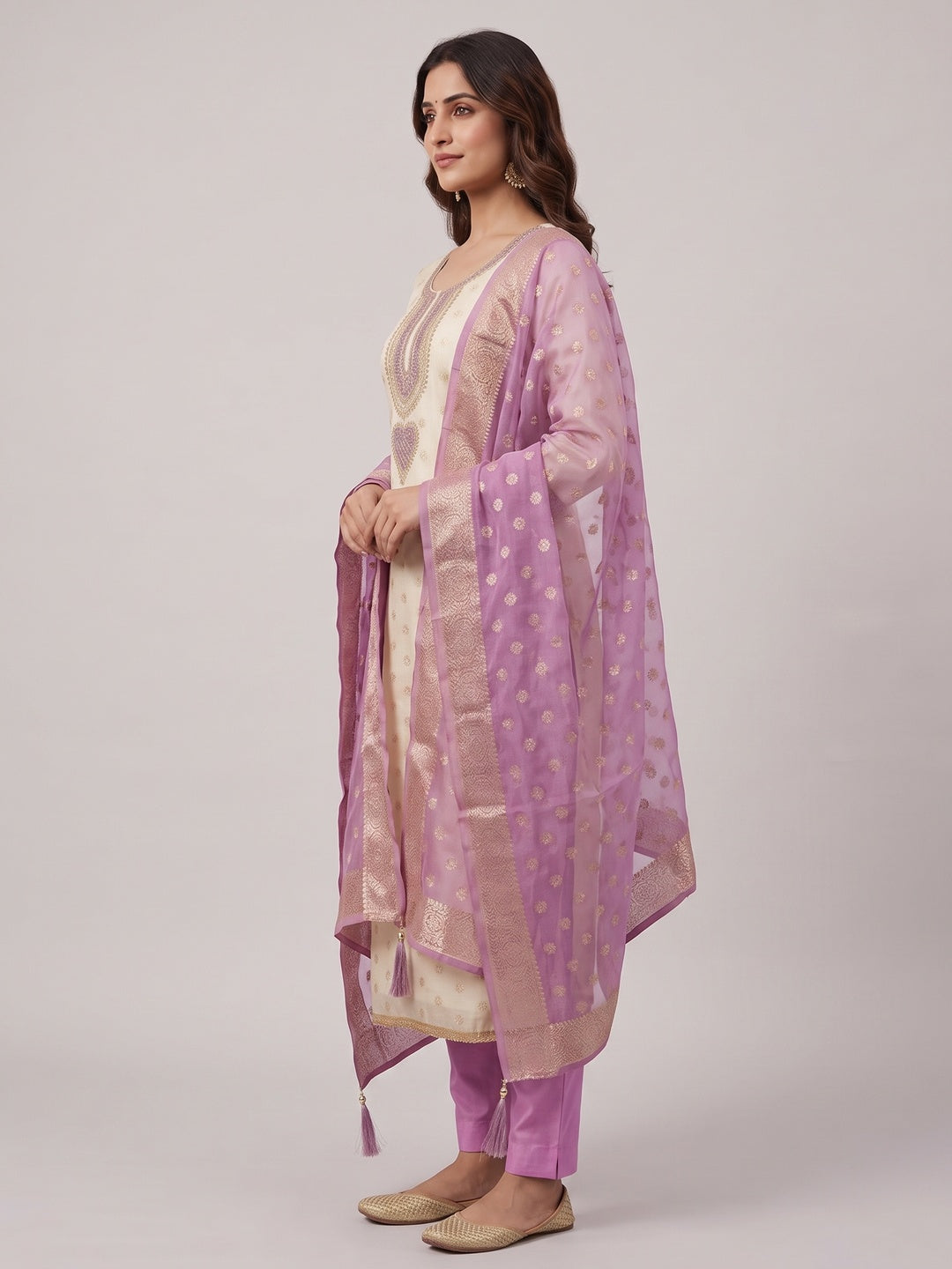 Cream & Lavender Butti Weaving Shimmer Dress Material With Elegant Cording Embroidery Work On Neck - Image 8
