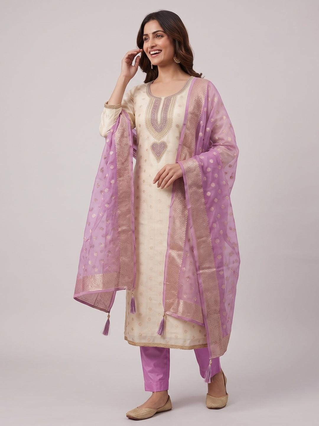 Cream & Lavender Butti Weaving Shimmer Dress Material With Elegant Cording Embroidery Work On Neck - Image 9