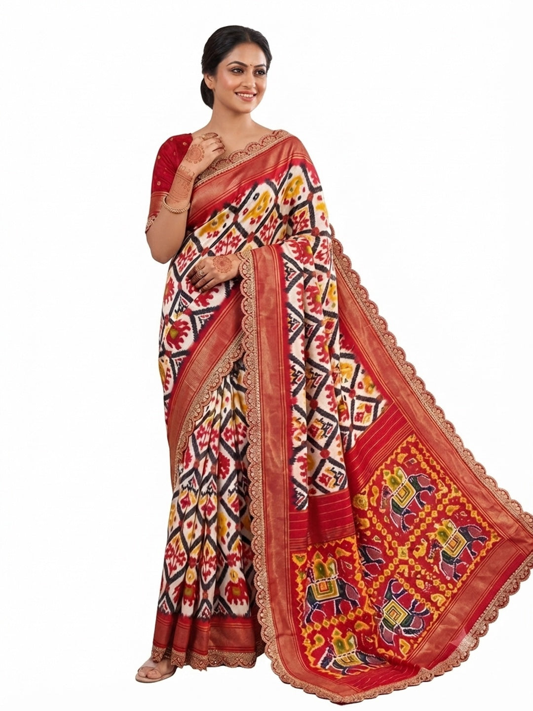 Off White & Red Ikkat Printed Dola Silk Saree With Sequins Embroidery Border - Image 7