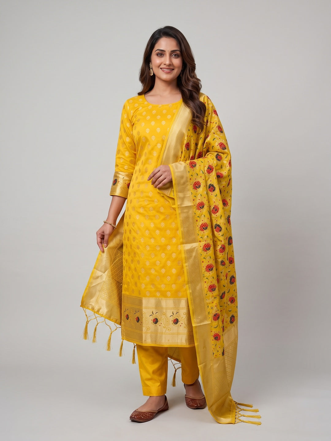 Yellow Floral Woven Banarasi Silk Dress Material - Image 1