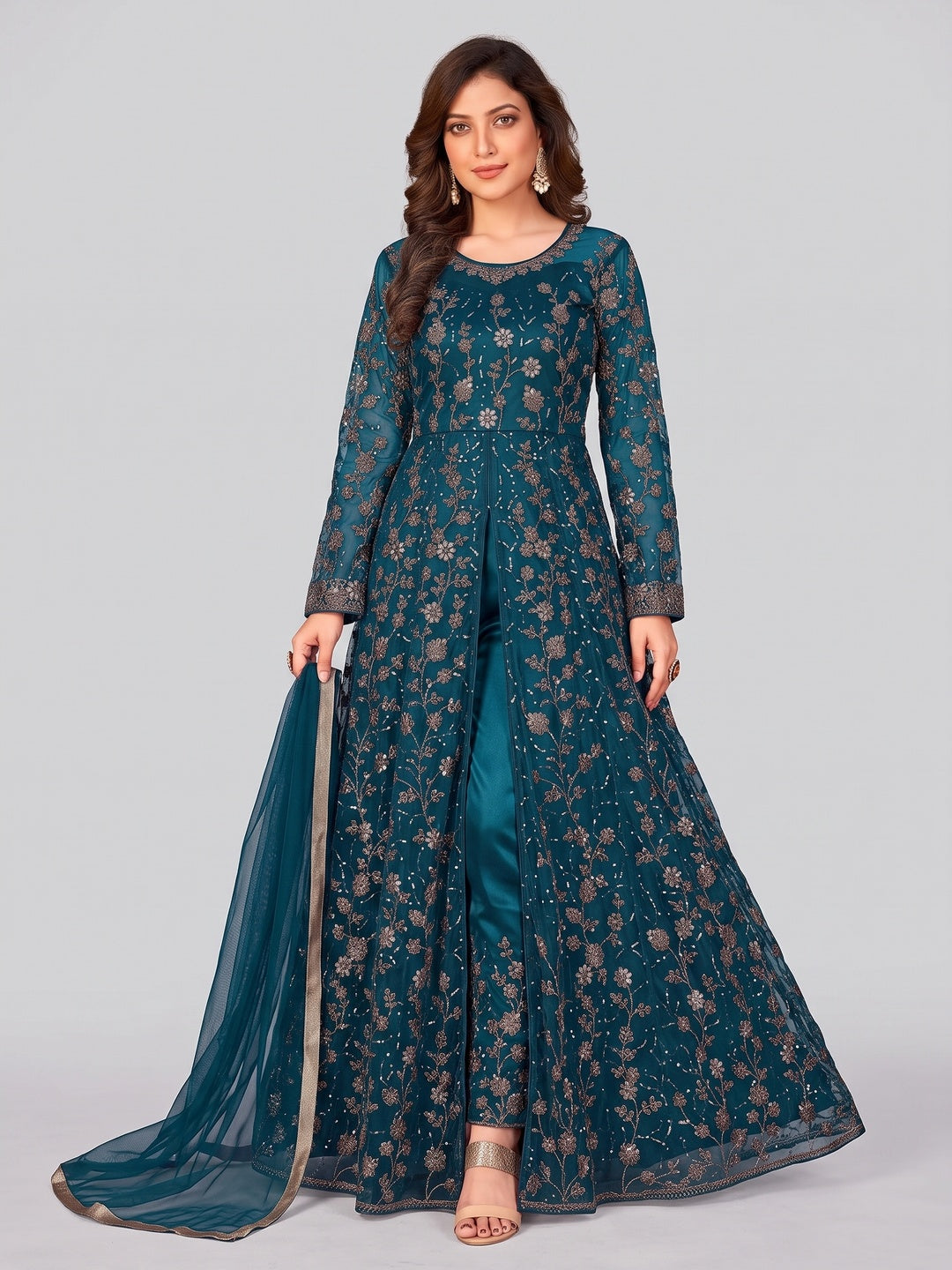 Morpich Embroidered Net Semi Stitched Anarkali Style Suit - Image 1
